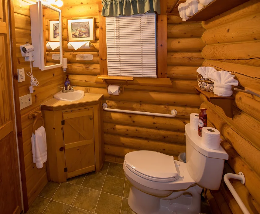 Log cabin bathroom with a toilet, sink, towels, wood walls, framed art, and a window with a green valance.