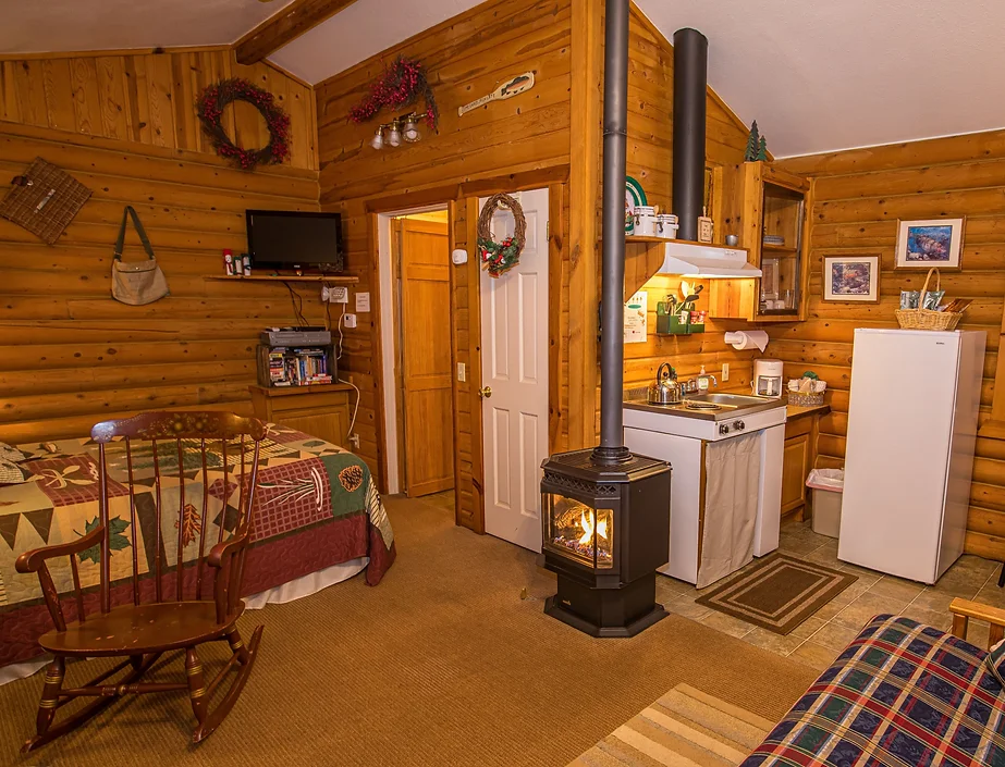 Cozy log cabin room with bed, kitchenette, refrigerator, small stove, rocking chair, and rustic wood decor.
