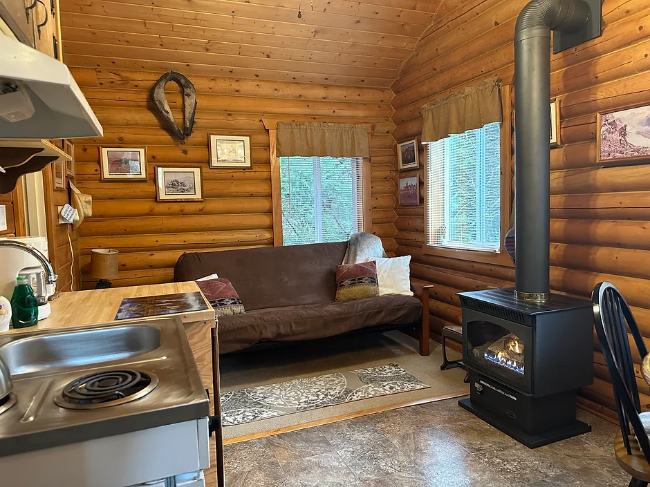 Cozy log cabin interior with a futon, wood stove, kitchenette, and windows letting in natural light.