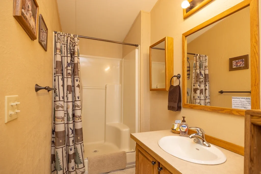 Bathroom with a shower, patterned curtain, single sink vanity, mirror, and tan walls with wood accents.