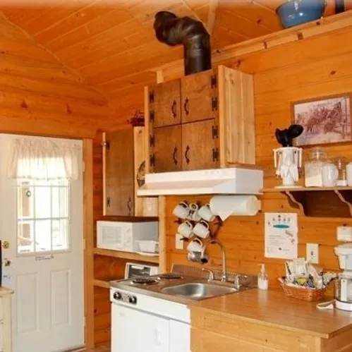 Small wooden kitchen with a sink, stove, microwave, hanging mugs, and shelves holding kitchen items under a pitched ceiling.